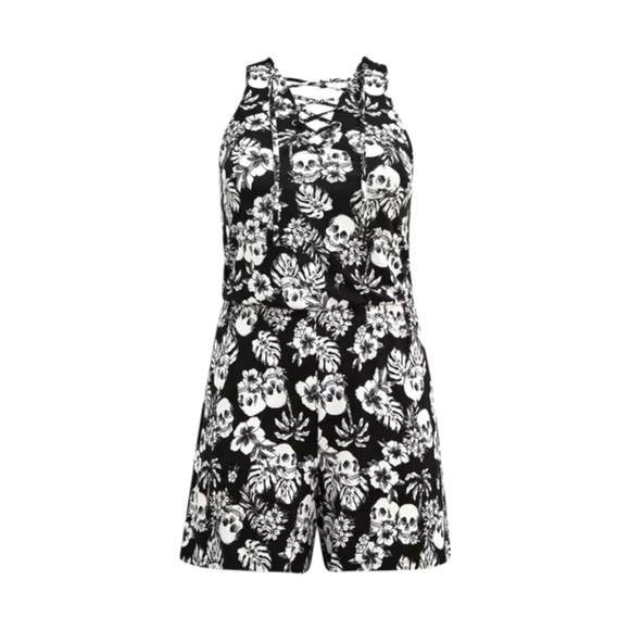 TORRIDS LOVESICK Lace-up Romper- Super Soft Tropical, Skulls Black Plus Size 1X - Picture 3 of 15